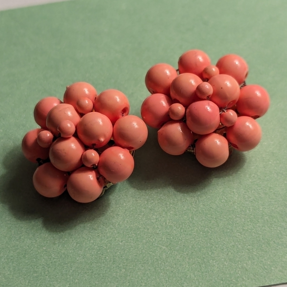 Vintage beaded peach coral orange color clip earrings made Hong Kong